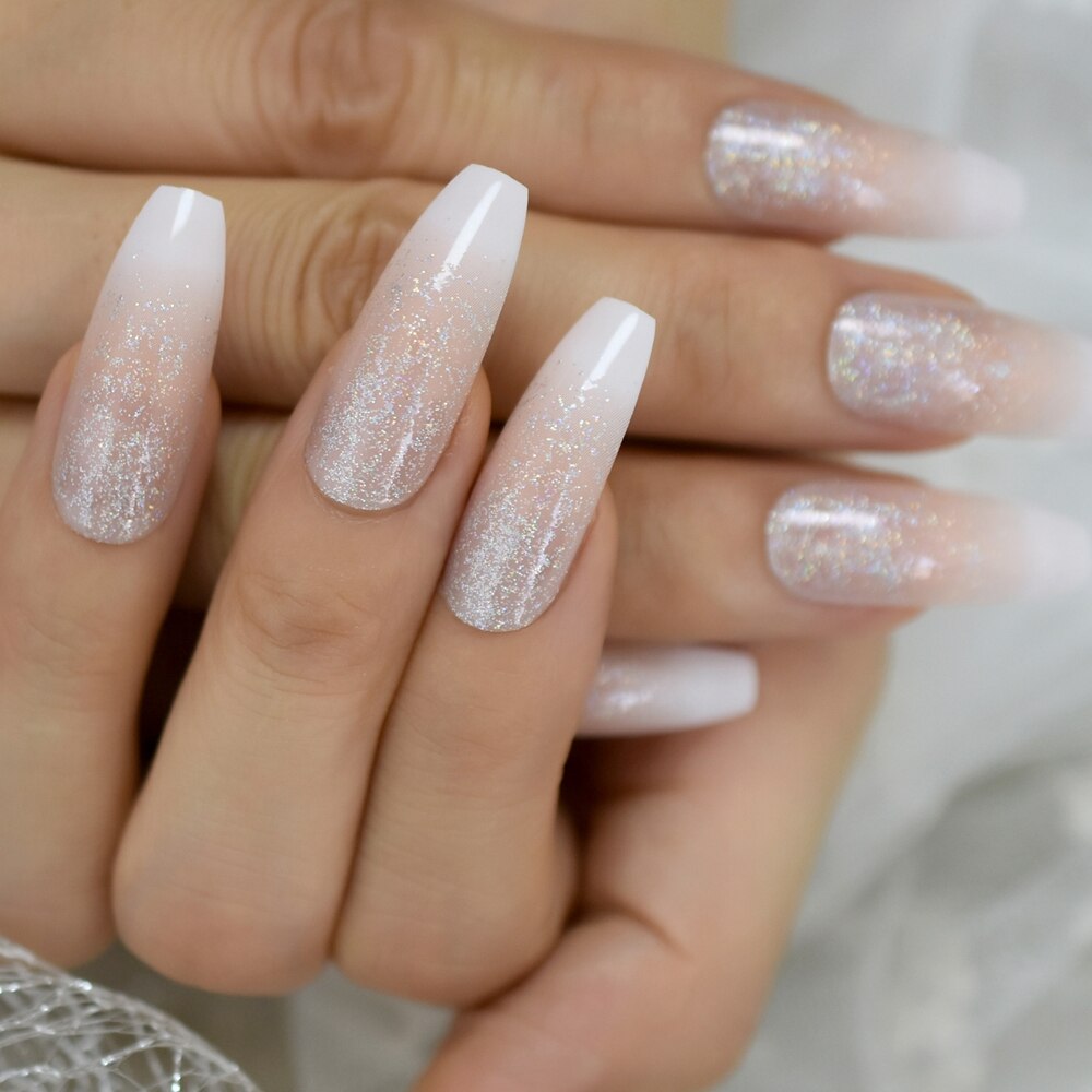 Holografisk faux ongles ombre nautal fransk nagel extra lång kista glitter abs gel fingernagel set 24 ct