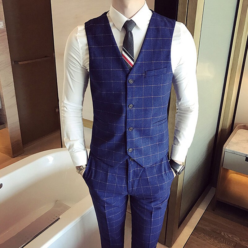 Nre Men's Formal Business Suit Vest Men's Classic Plaid V Neck Slim Vest Wedding Dress: Royal Blue / Asia 3XL (US L)