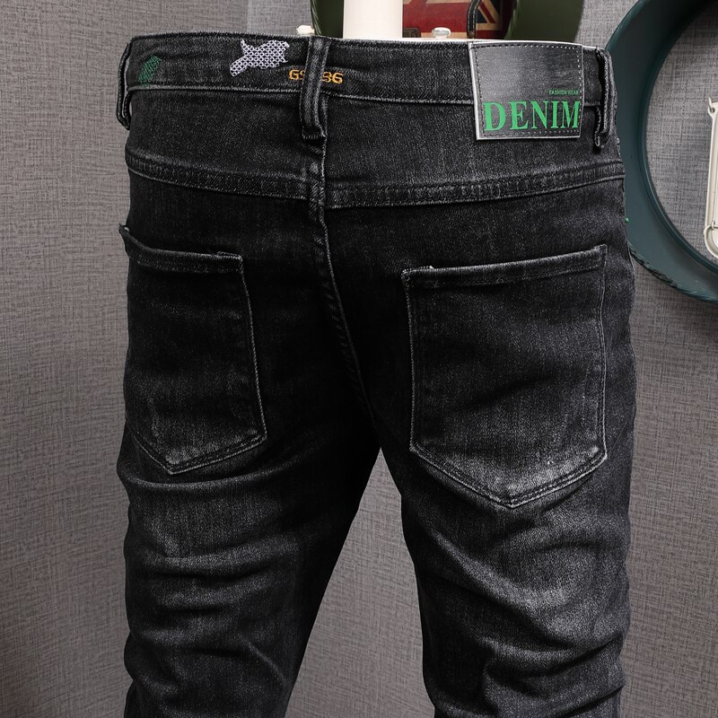 Estilo coreano moda masculina jeans de alta qualidade elástico fino ajuste rasgado denim lápis calças streetwear hip hop casual calças compridas