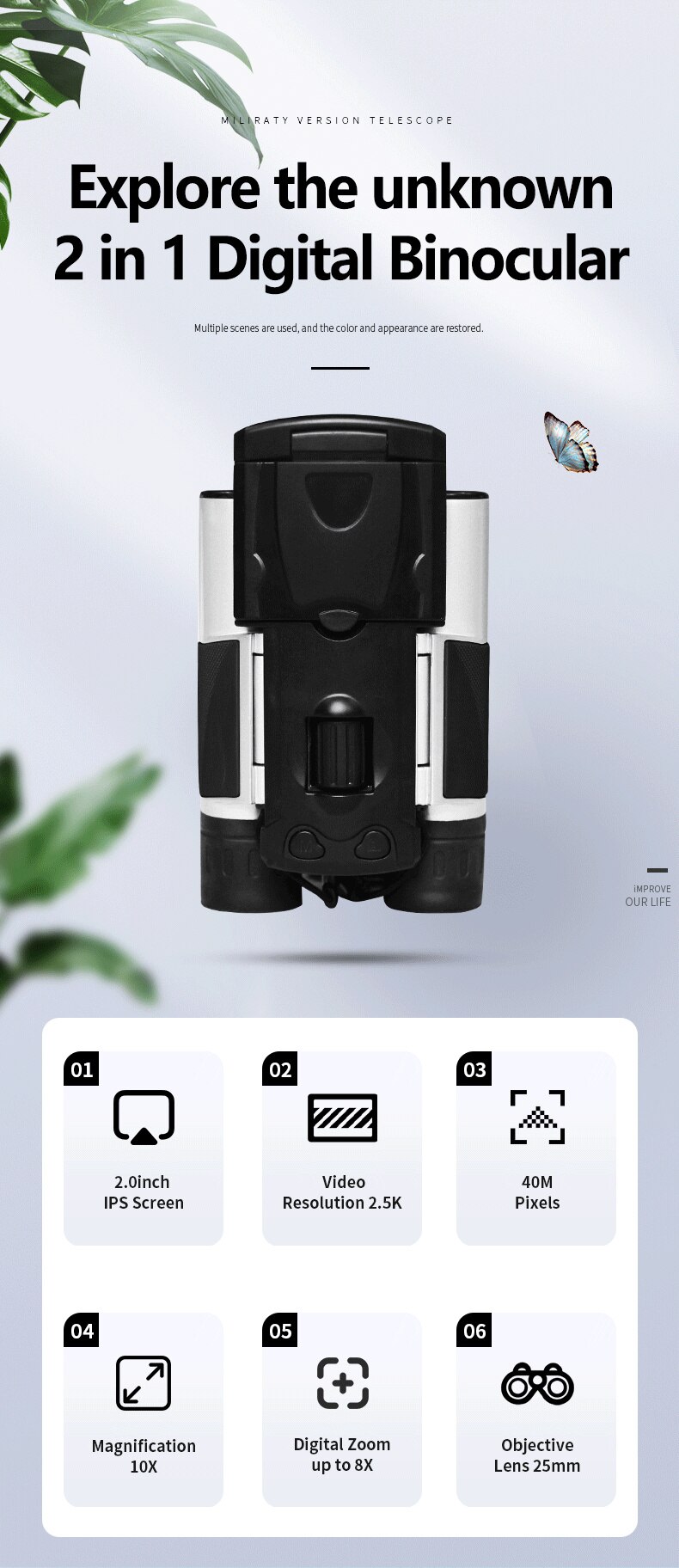 Binocolo per fotocamera digitale HD 500mp USB 10x25 2K 1080P telecamere Point &amp; Shoot telescopio 2.0 &quot;Display LCD videocamera ottica