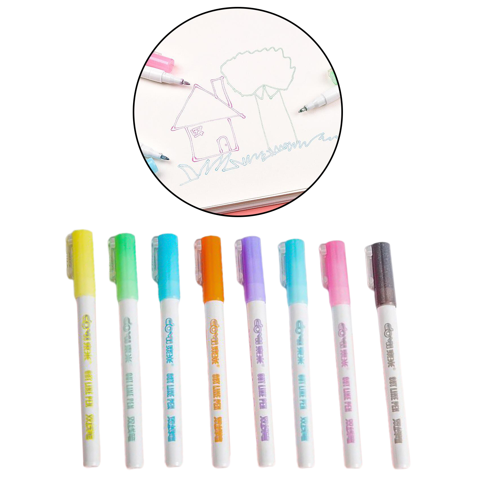 8 Color Card Writing Drawing Double Line Outline Pen Two-line Color Pen Set