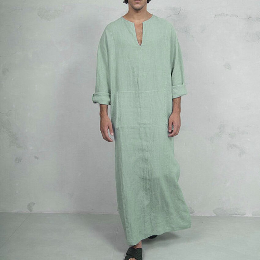 Mannen V-hals Moslim Traditionele Thobe Gewaad Side Split Islamitische Kleding Effen Linnen Ademend Arabische Dubai Turkse Kaftan: Color1 / L
