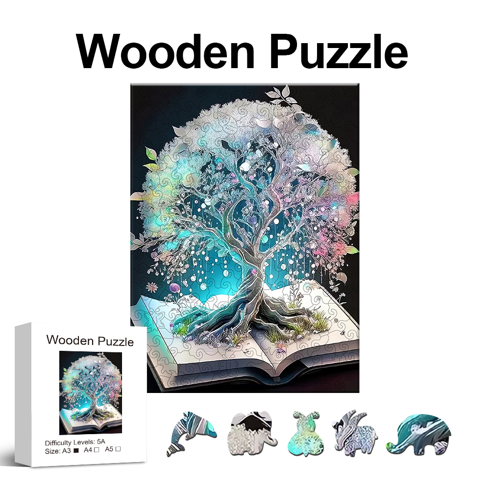 Book tree Wooden Puzzle Toys, Unique Shaped Animals Wooden Jigsaw Puzzle, Family Game, Christmas Birthday Home Decor