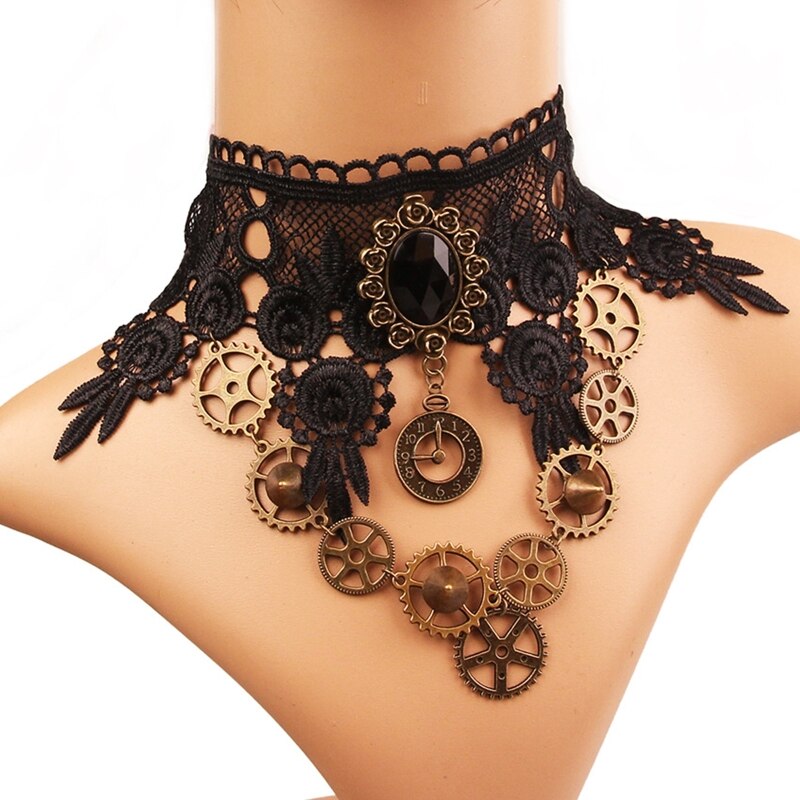 Choker Ketting Voor Steampunk Halloween Punk Kostuum Party Retro Gear Klok H8WF