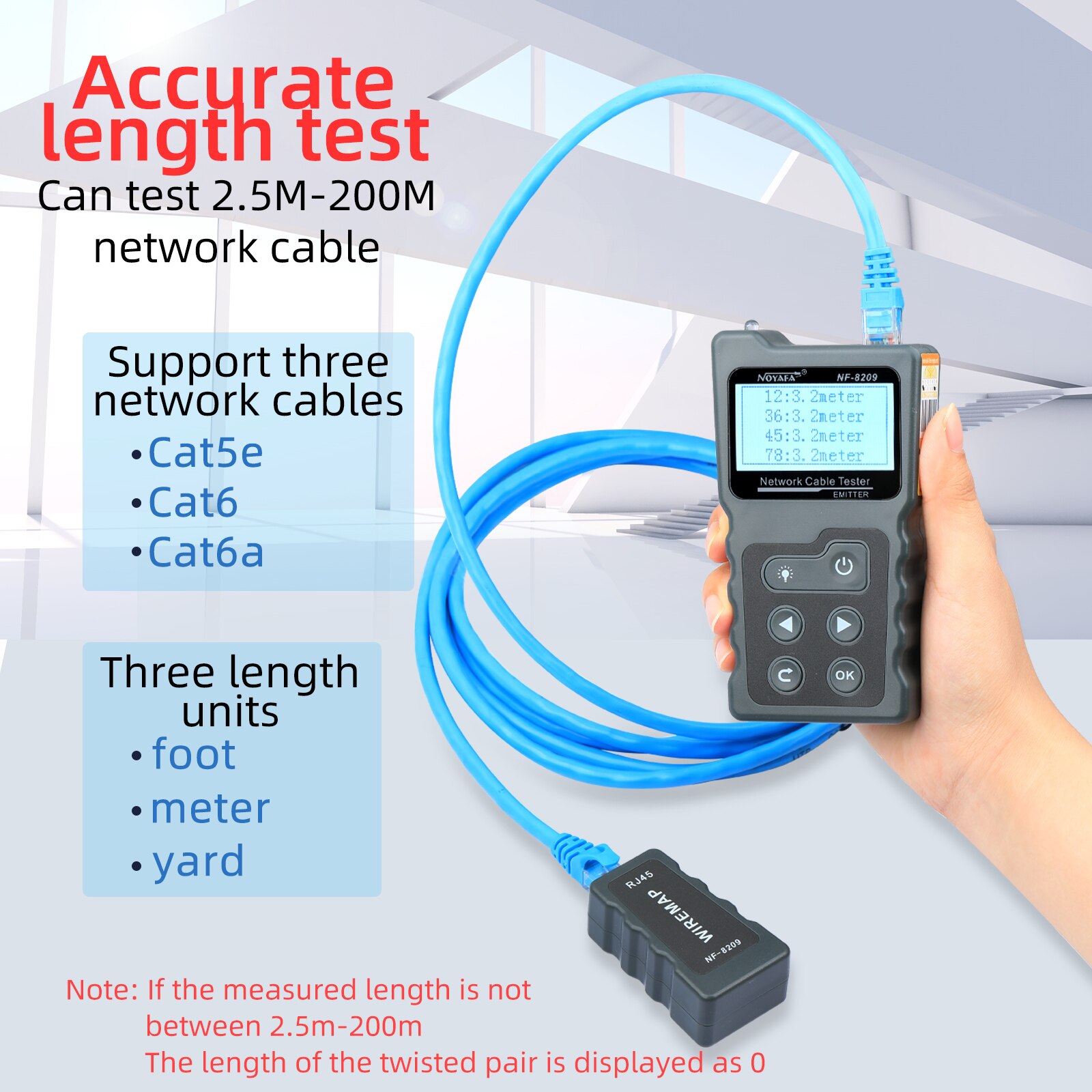 Network Cable Tester NF-8209 LCD Display Measure Length POE Wire Checker Cat5 Cat6 Lan Test Tool Scan Wiremap
