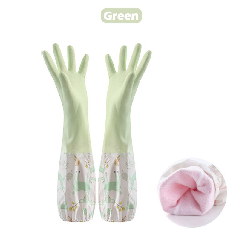Gants de lavage de la vaisselle, monocouche, manche d'épissure domestique, étanches, en peluche, bande élastique, gants en caoutchouc: Green-Plush / M