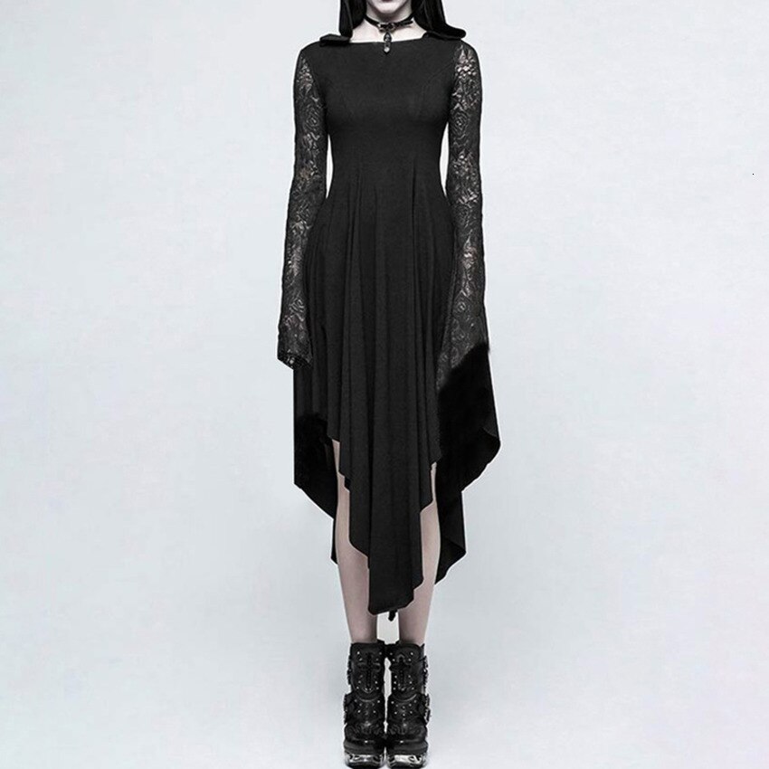 Dark Punk Gothic Lace Hooded Midi Dress High Low Hem Scary Cobweb Costumes Women Adult Horror Dark Black Robe For Girls