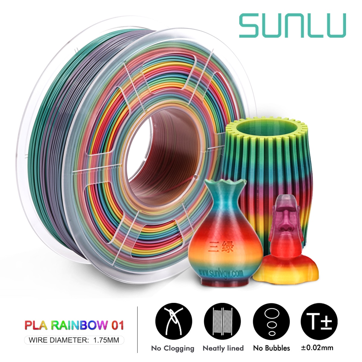 SUNLU PLA Filament 3D Printer Filament PLA Rainbow Plastic 3D Filaments 1.75MM 1KG Dimension Accuracy +/-0.02mm