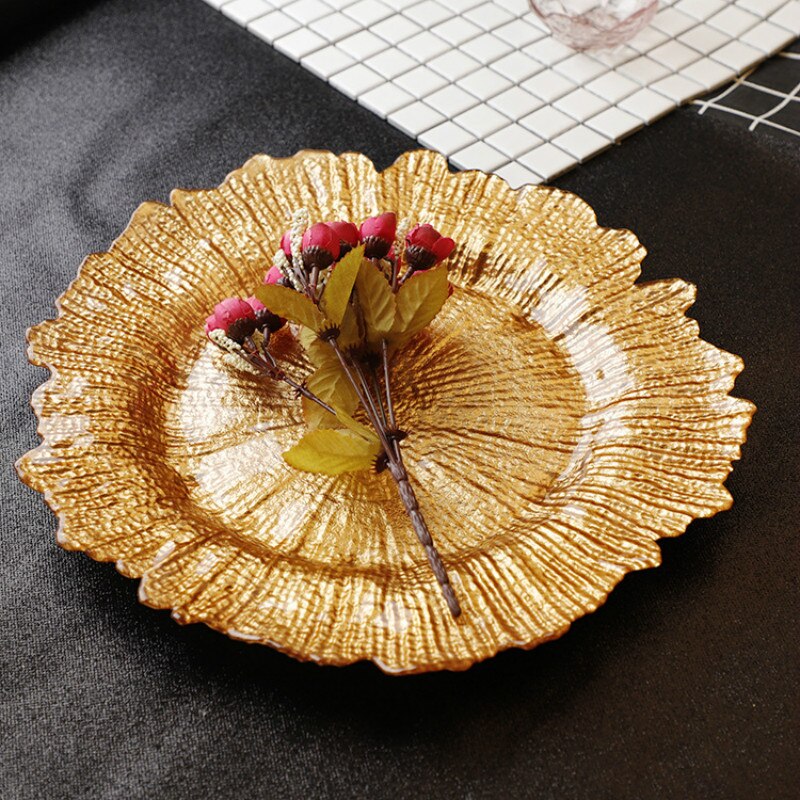 European Plating Gold Snow Glass Plate Color Lace Plate Fruit Snack Dessert Western Food Plate Set Grocery Storage Tray