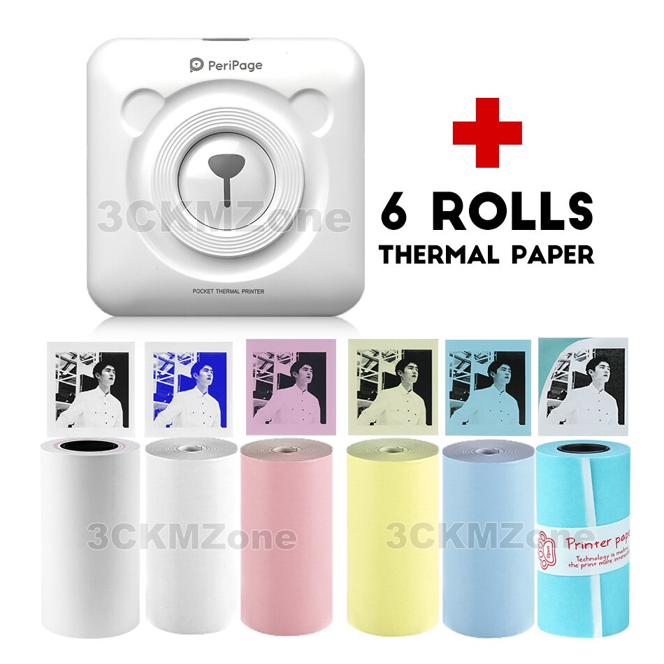 Portable Bluetooth Photo Picture Printer 58mm Mini Wireless Connection Pocket Peripage Printer For Children Kids Christmas: White-6-ROLLS Paper