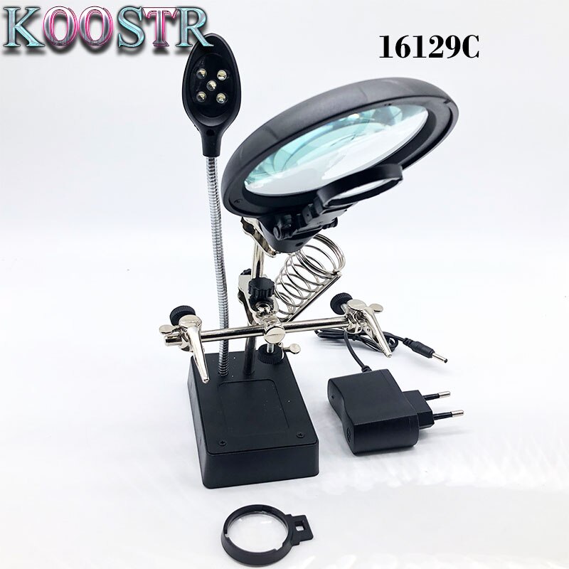 16129C 5 LED Auxiliary Clip Magnifier 3 In 1 Welding Magnifying Glass with helping Hand Soldering Solder Iron Stand Holde