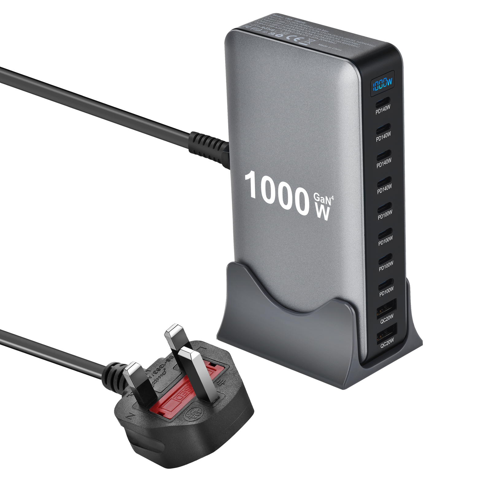 1000W GaN Fast Charger PD3.1 USB Type C 10-Port DesktopFast Charging Station Adapter for Mobile & Tablets: Blue