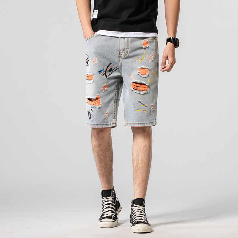 Lato bawełna z dziurami, dżinsowe szorty męskie porwane jeansy Retro jeansy męskie spodenki bermudy deskorolka Harem mężczyzna Jogger do kostek