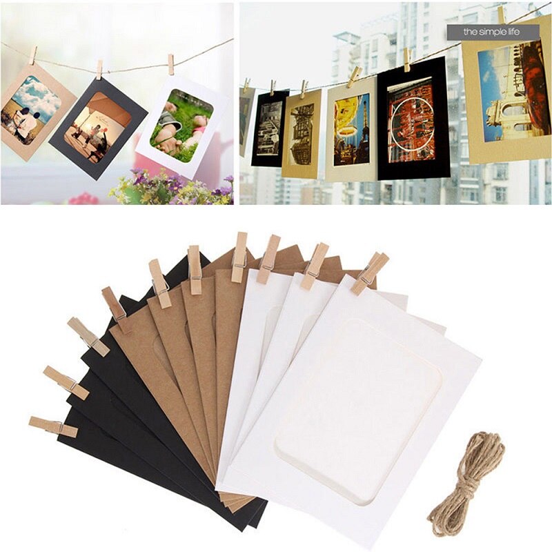 10Pcs Combinatie Papier Frame Met Clips Diy Kraftpapier Fotolijst Opknoping Muur Foto Album 5 Inch Touw Thuis decoratie