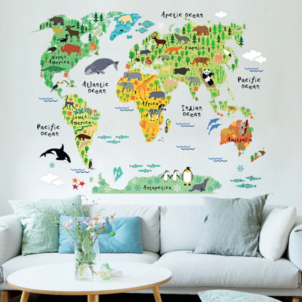 1Pcs Cartoon Animals World Map Wall Stickers Safari Mural Art Zoo Nursery Posters Kids Children Room Home Decals