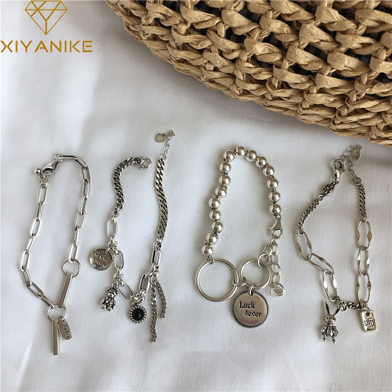 XIYANIKE de Plata de Ley 925 Vintage Alphab Bunny círculo cadena personalidad pulsera de plata tailandesa cumpleaños de joyas de