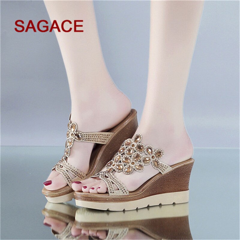 B Sagace Wiggen Schoenen Vrouwen Zomer Peep Toe Ademend Strand Sandalen Strass Slip-On Wedges Schoenen Sandalen Mujer