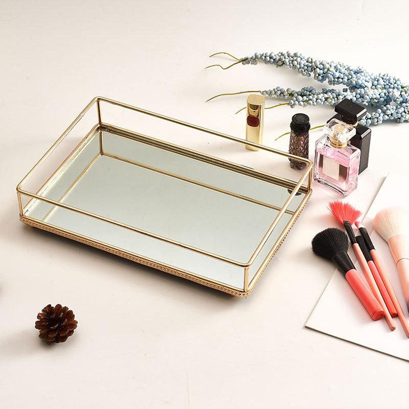 Rectangular Dresser Vanity Mirror Tray Dresser Make Up Perfume Desk Organizer