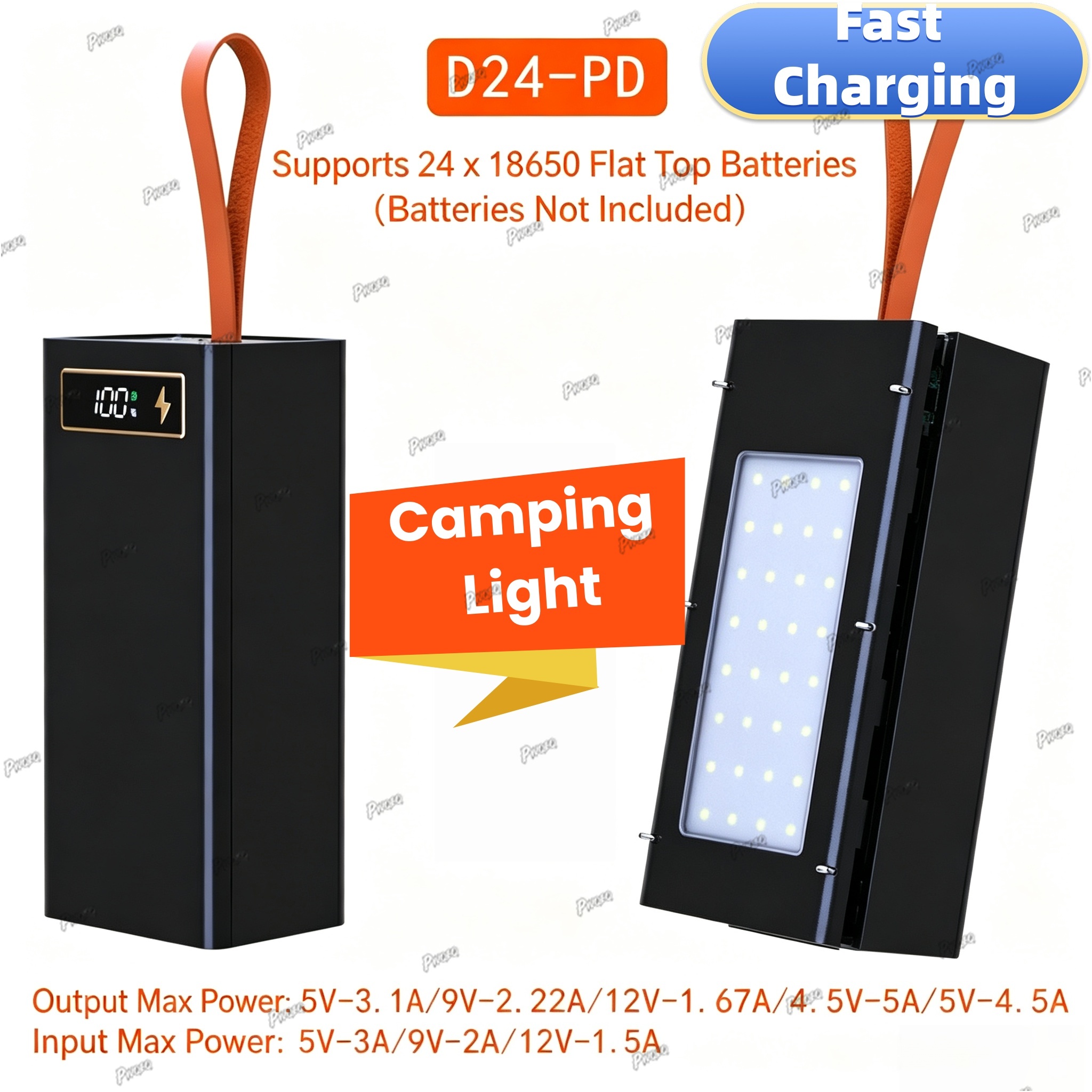 24*18650 Batterij Powerbank Behuizingen DIY Mobiele Powerbank Case met Draadloos Opladen en Campinglamp Afneembaar, Loodvrij: groen