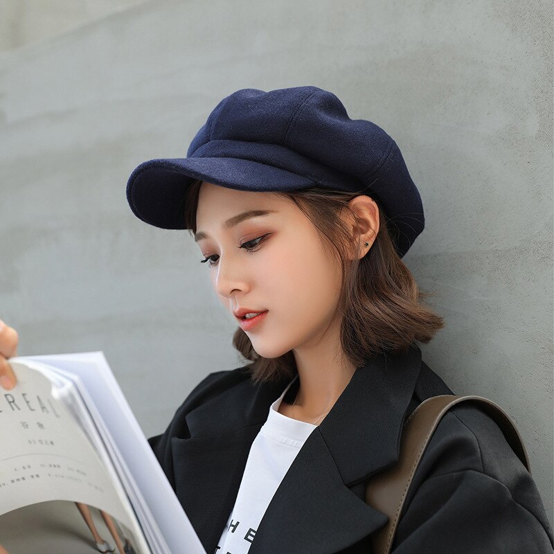 Hats tweed hat boina retro hat newsboy womens hats and caps suede whiet beret newsboy hat for women octagon caps: Navy