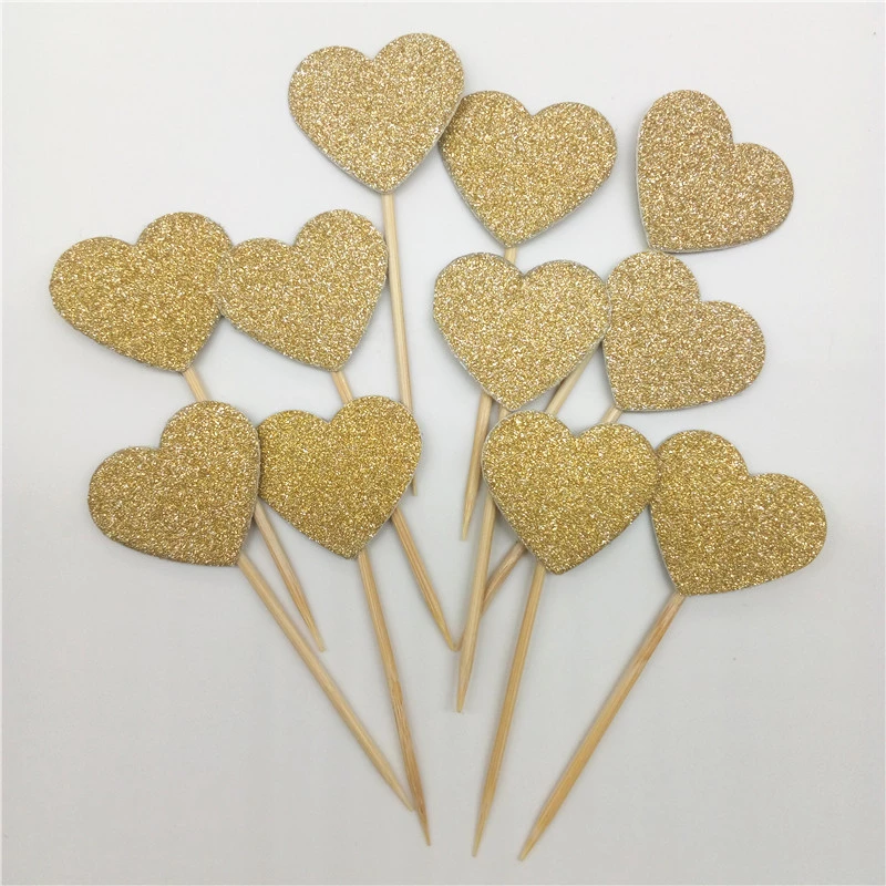 30 pièces/ensemble belle paillettes coeur étoile forme Cupcake Toppers anniversaire fête de mariage décoration gâteau décoration de gâteau nourriture Pi: golden
