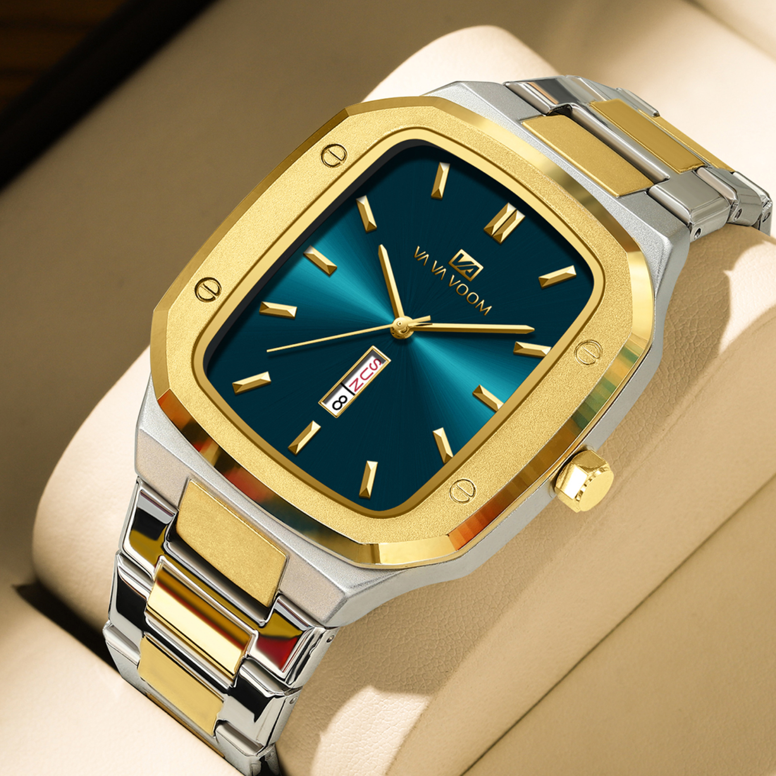 2024 reloj para hombre, correa cuadrada de acero inoxidable a la , oro azul, 3Bar, calendario semanal de cuarzo, reloj de pulsera deportivo de negocios simulado