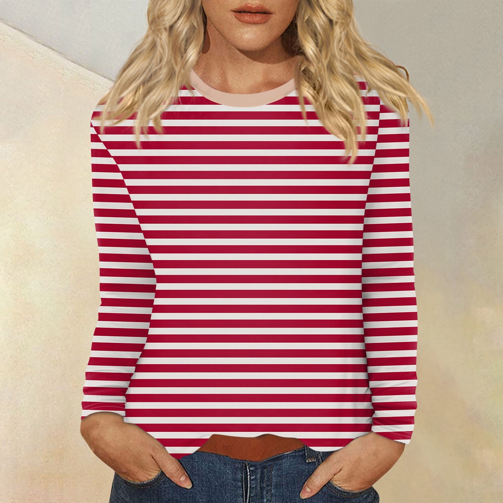T-Shirt à Manches sulfet Col Ras du Cou pour Femme, Vêtement Décontracté, Rayé, Imprimé, Tendance, à la , de , 03: XXL / Rouge