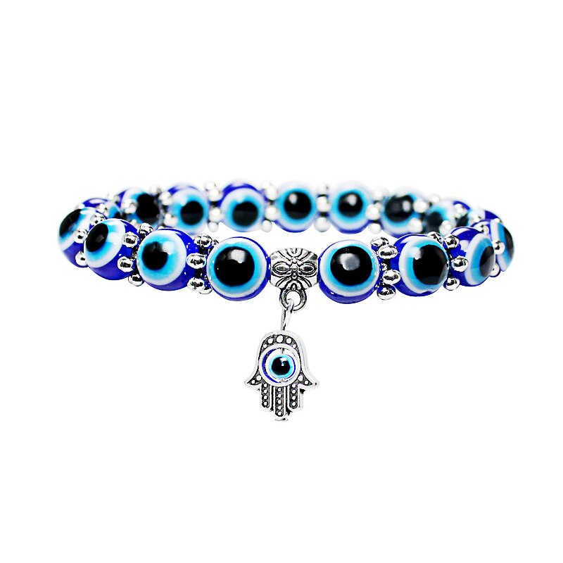 Charme moda prata cor azul grânulo boa sorte pulseira para jóias femininas hamsa mão pulseira