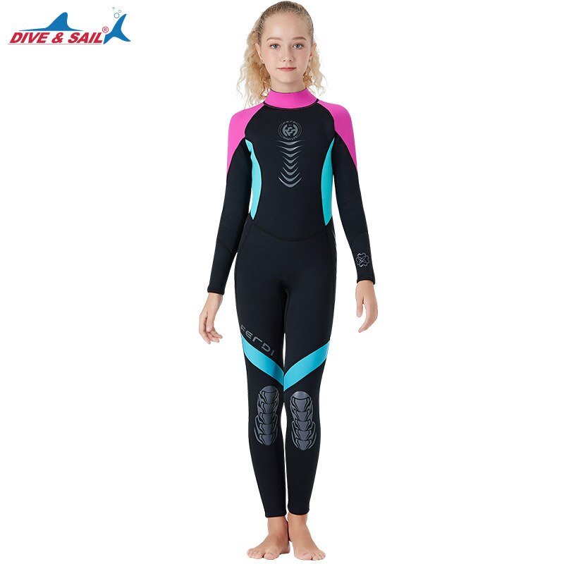 teenage wetsuit 2.5mm neoprene boys girls diving suit keep warm wet suit for cold water full suit for swimming: F169501Y pink girl / L