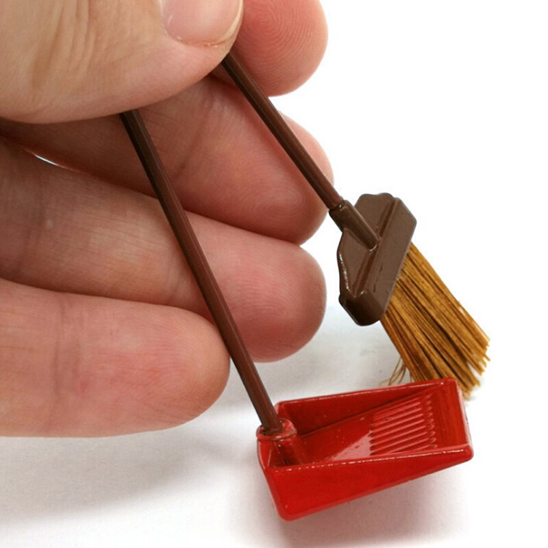 Puppenhaus Miniatur 1:12 Spielzeug verrotten Metall Lange Griffe Besen Und Staub Pfanne einstellen