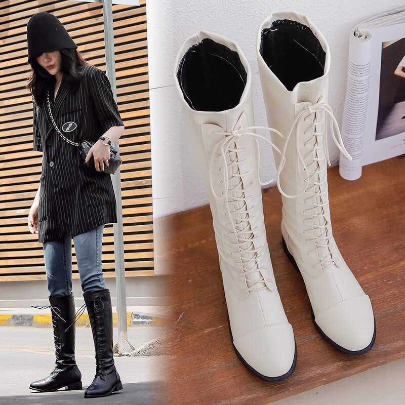 MBR FORCE Spring Autumn Women Shoes Casual High Top Long Boots Lace-Up Comfortable Cool Girl female Boots Sneakers Size 34-43
