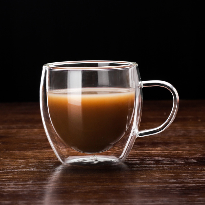 Bekväma dubbelväggiga isolerade glas espressomuggar högtemperaturbeständiga tjocka transparenta glas kopp vinglas