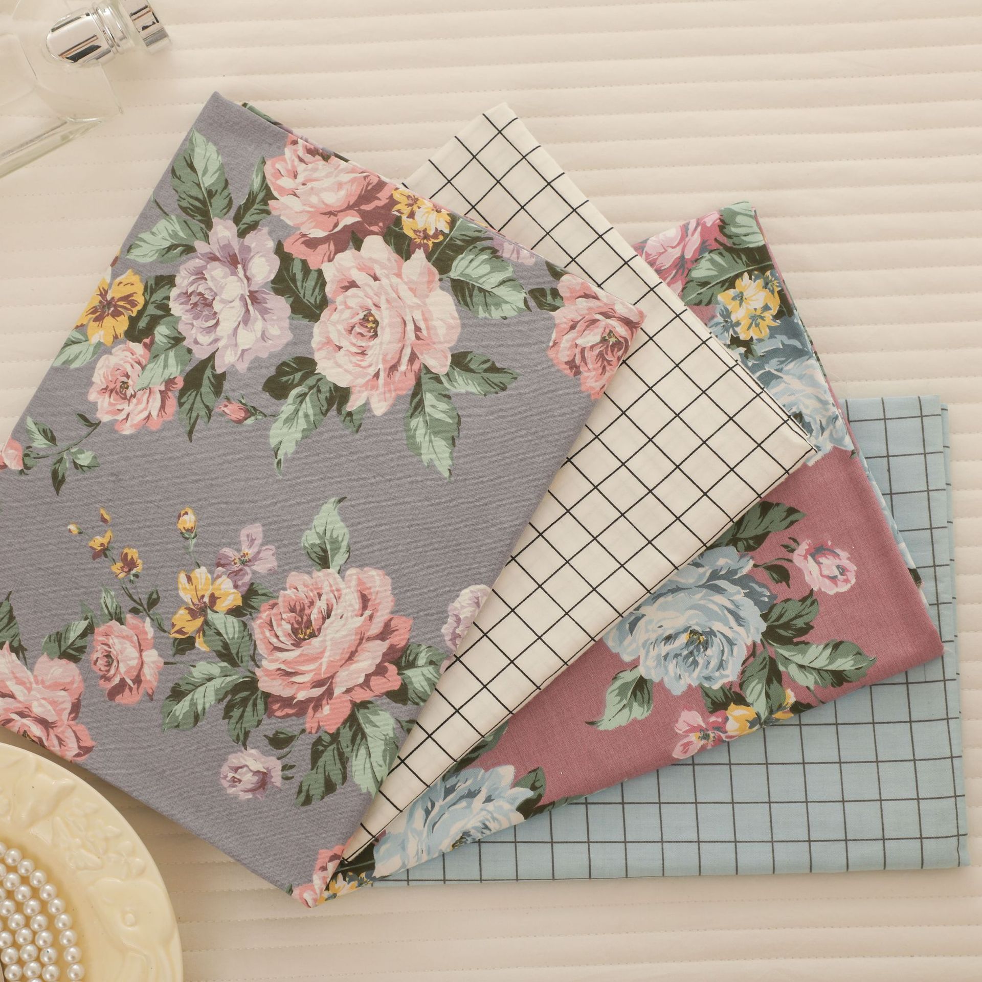 Tela de algodón para coser, tela de retazos, acolchado, Tecido álbum de recortes, material hecho a mano DIY, gris, rosa, rejilla de flores de peonía