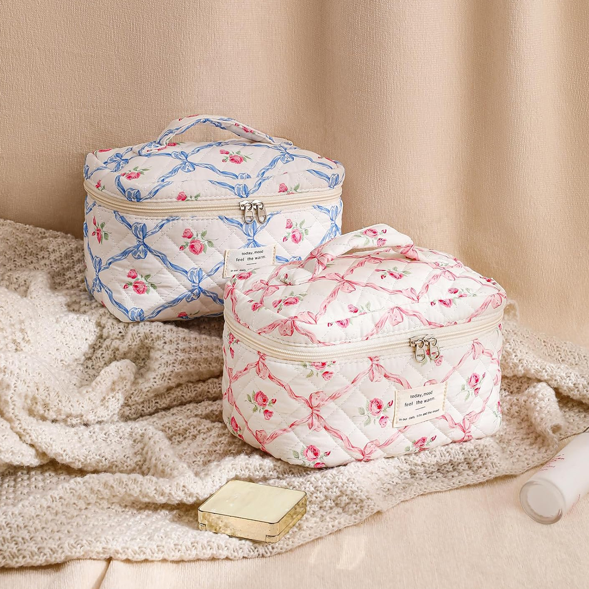 YANZAI 1 stks Vrouwen Reizen Handtas Katoen Make-up Tas Grote Capaciteit Cosmetische Pouch Bloemen Esthetische Toilettas Waszak Gewatteerde Stor