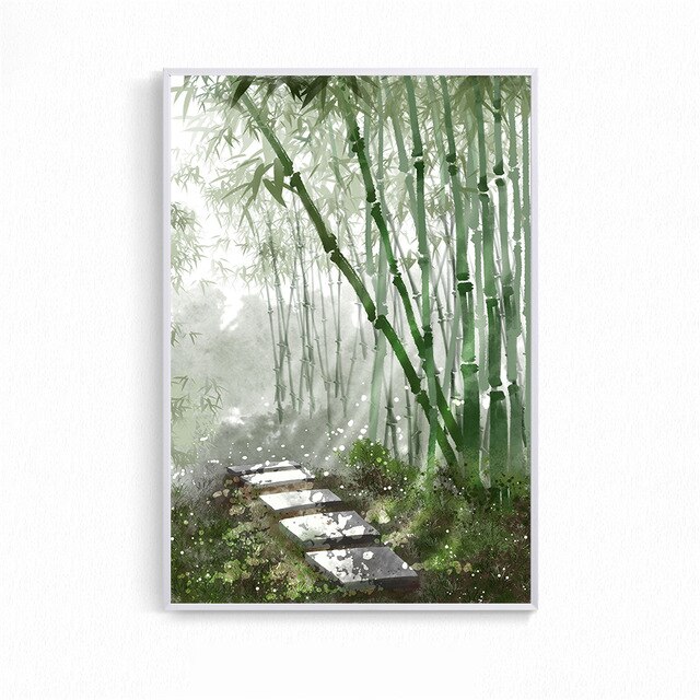 Affiche d'art mural chinois bambou | Plante verte aquarelle, toile Art, tableau mural imprimé pour salon, décoration de la maison: Black / 40X60cm no frame