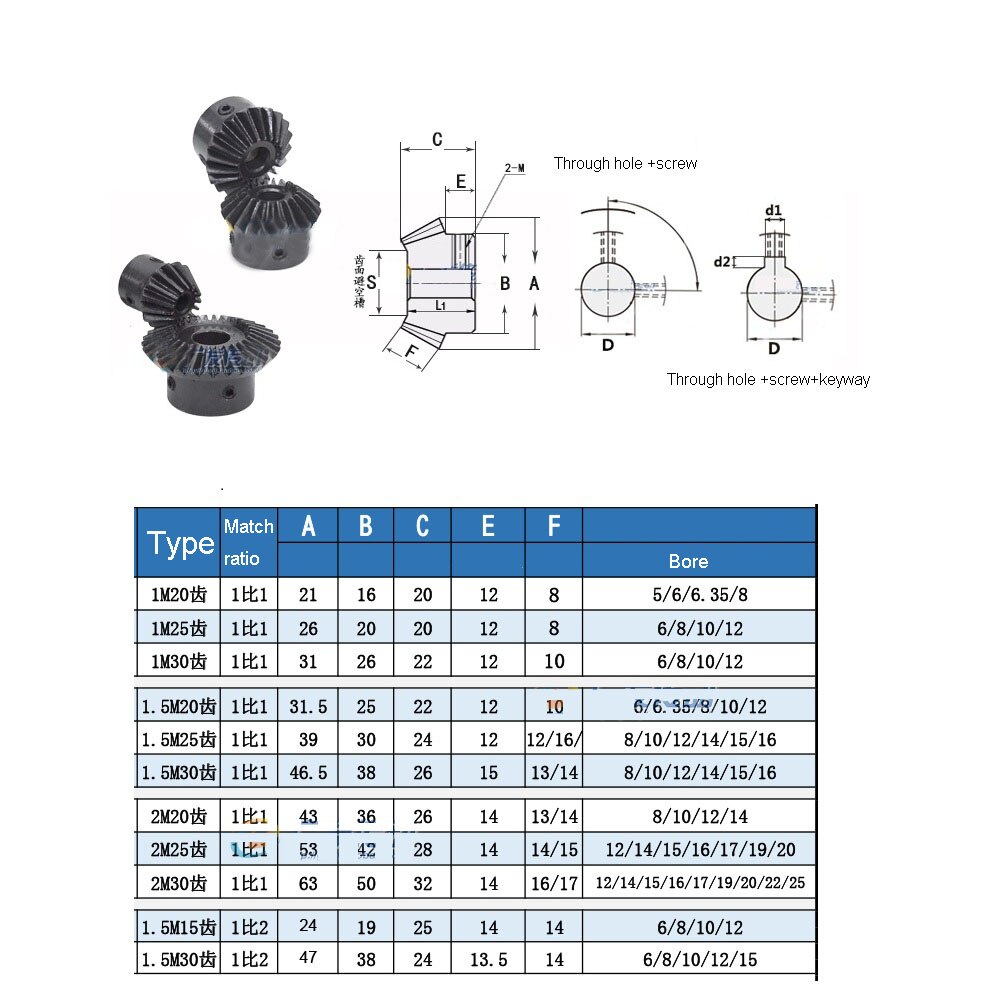1PCS 1.5M Bevel Gear 15T/30T Black Tapered MoT-Kor Bevel Gear Bore 5-15mm