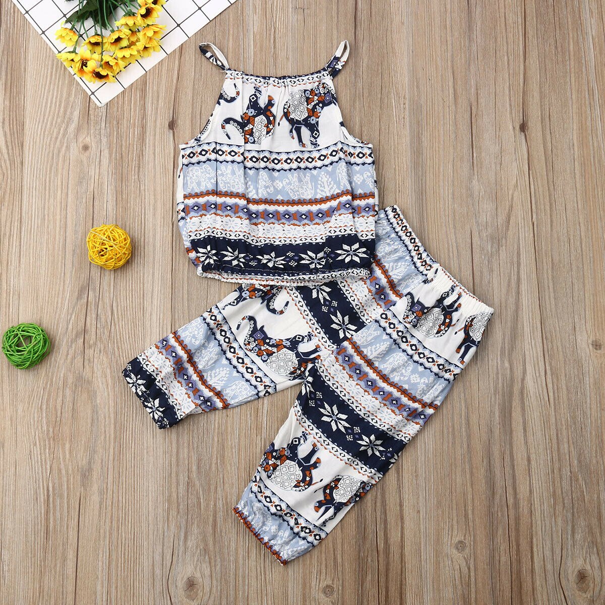 Ensemble de vêtements d'été pour bébé, tenues pour bébé fille, tenues éléphant, hauts à bretelles, gilet + pantalon, style bohème , 1-6y 2
