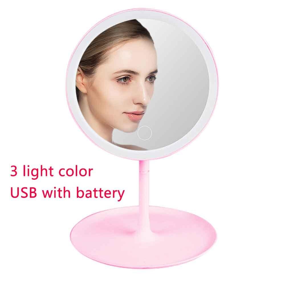 Espejo de maquillaje redondo con luces LED para mujer, iluminación de aumento de 360, espejo cosmético con luz nocturna: pink 3 light color