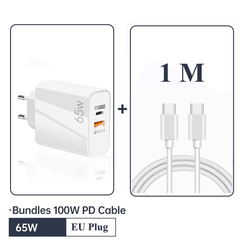 65w- gan usb-c-wandladegerät  pd 33w 4.0 für iphone 13 pro max , 12 12 3.0 macbook air, samsung galaxy und ipad pro: Und 1m kabel euwhite