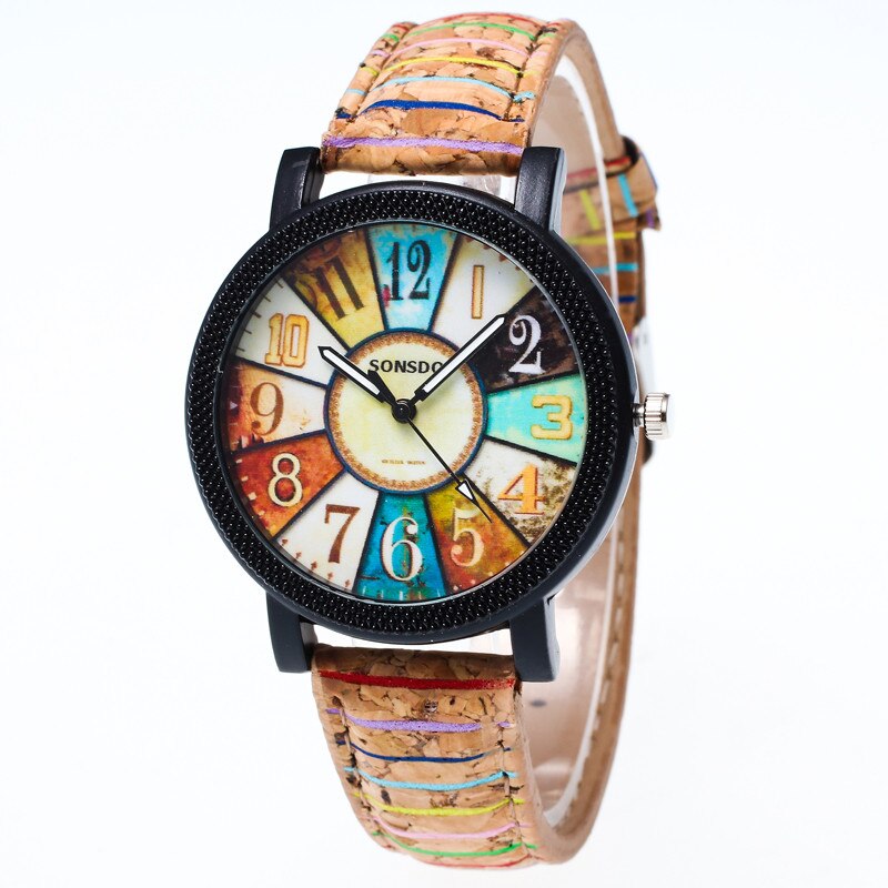 Reloj de cuarzo de estilo Retro para mujer, cronógrafo analógico de cuero de imitación con estampado de grafiti informal: Caqui