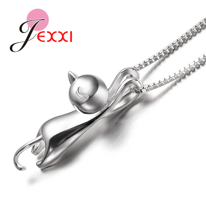 Real 925 prata esterlina bonito gato pingentes colar feminino/meninas festa acessório bonito animal design senhora presentes jóias