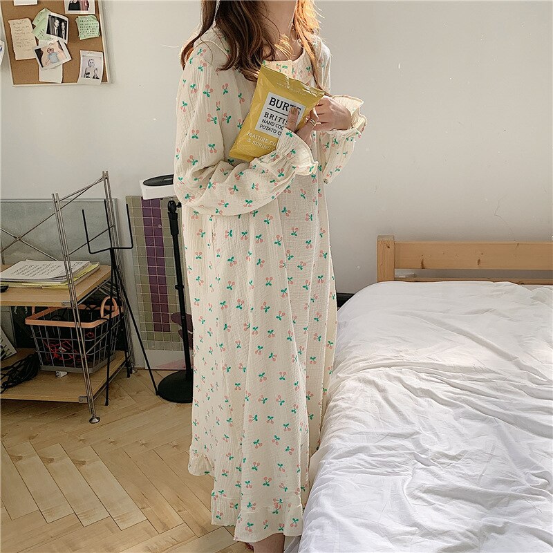 Vrouwen Nachthemd Koreaanse Stijl Lange Mouw Losse Pop Kraag Cherry Thuis Kleren Meisje Nachtkleding