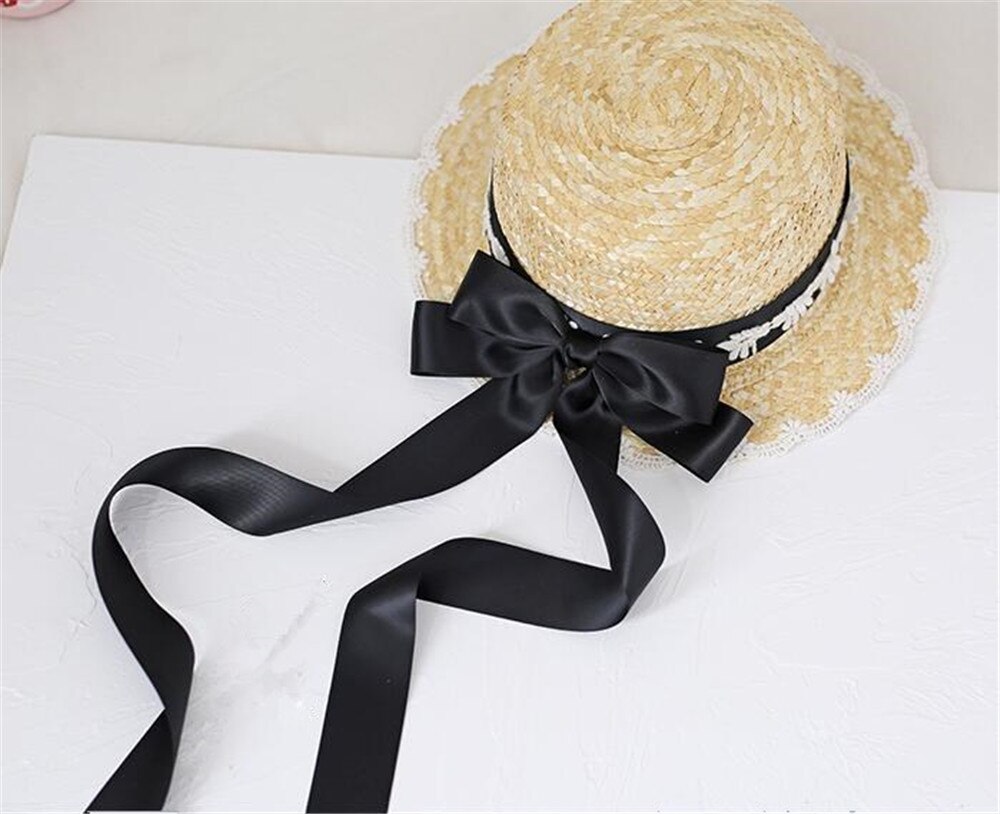 Mori Girl Cute Big Bow Lace Ribbon Lolita Straw Hat Sweet Princess Lolita Flat Cap Beach Cap B1527: 9