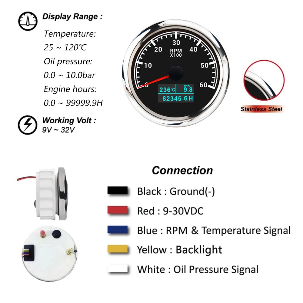 3 in 1 Tachometer Gauge 8000/ 6000/ 4000 RPM 85mm Waterproof Tacho Meter LED Water Temp Oil Pressure Hour Meter For Boat Car
