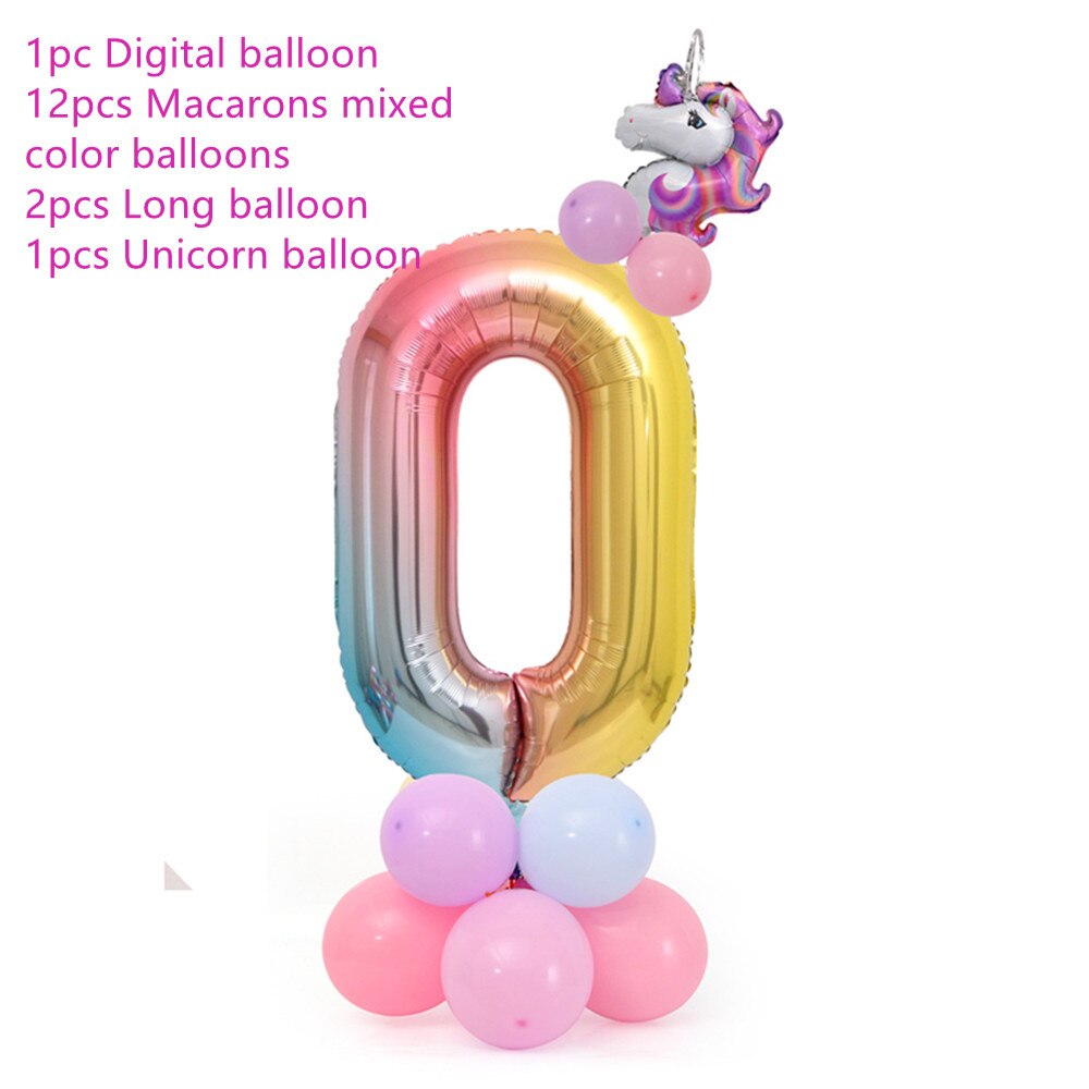 18 Pcs Eenhoorn Ballon Set Verjaardagsfeestje Ballonnen Regenboog 32 Inch Nummer 0-9 Kids Volwassenen Verjaardag Wedding Party ballon Decoratie: number  0