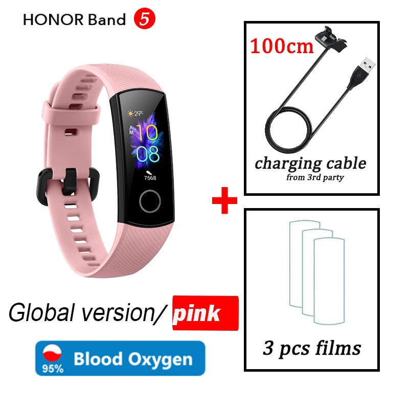 Honor band 5 wereldwijde versie smartband amoled hartslag fitness slaap zwemmen sport bloedzuurstofmeter: Roze gl opladen