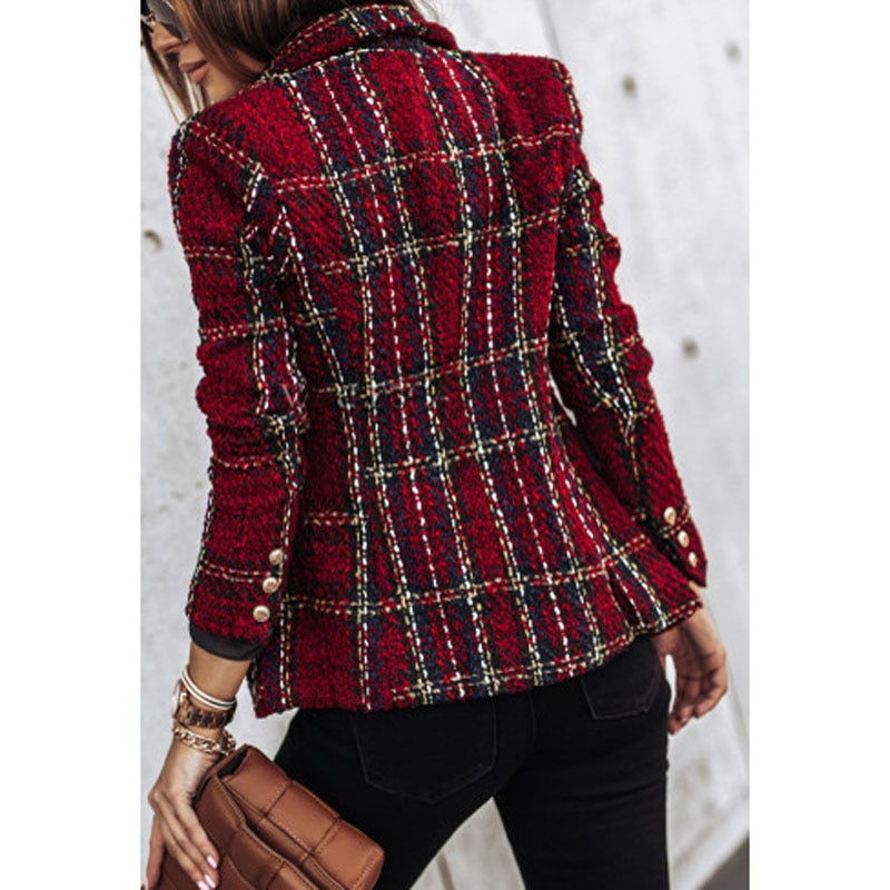 Dubbelrijs jas met kraag, dames slim fit geruite jas, herfst, lange mouwen, bovenkleding  am2219