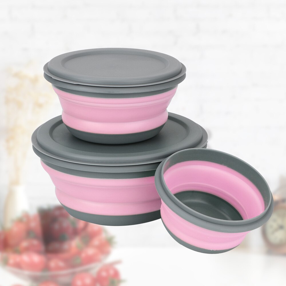 Draagbare Siliconen Servies Opvouwbare Slakom Met Deksel 3 Stks/set Voedsel Container Vouwen Lunchbox Kom Sets Vouwen Kom