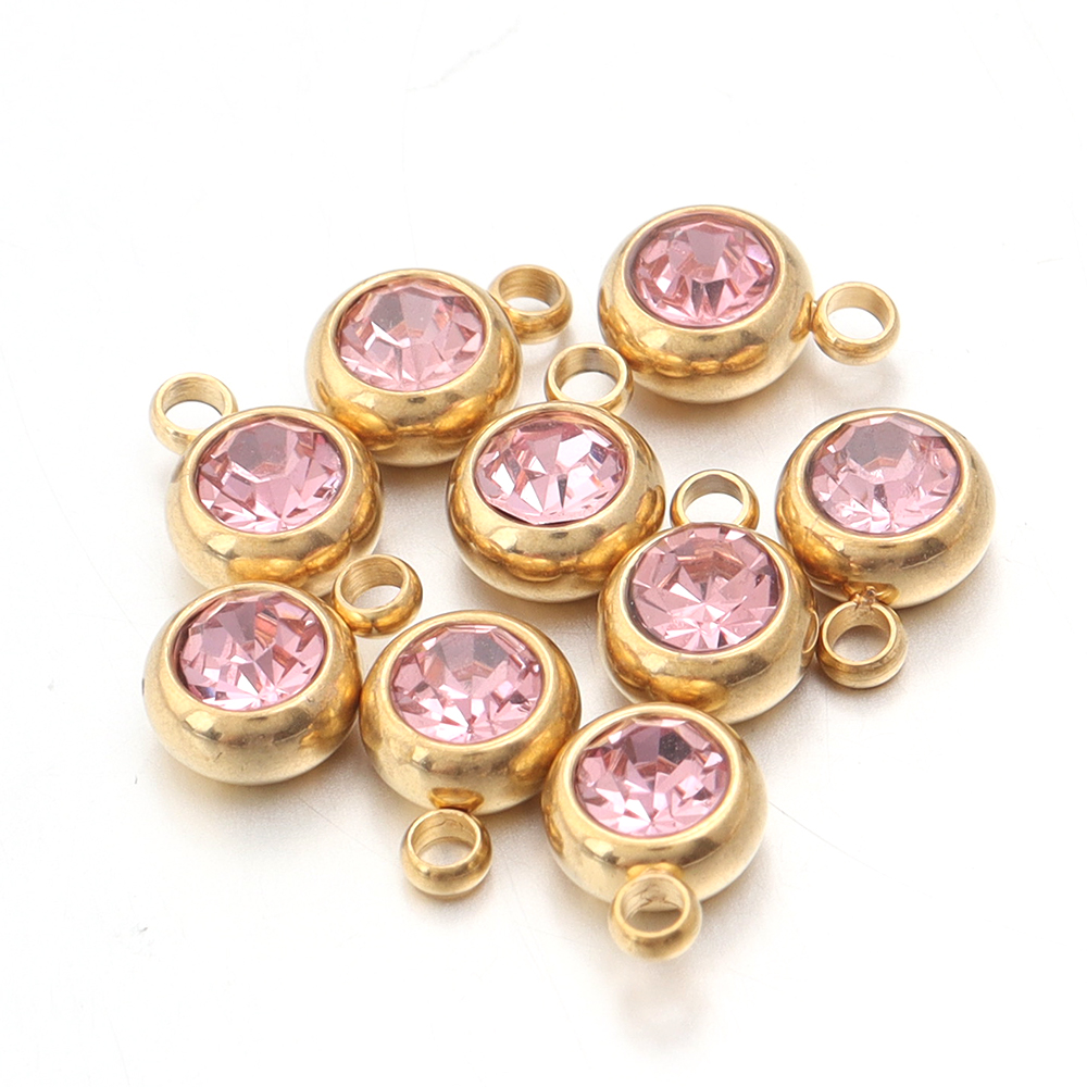 10pcs/lot Stainless Steel Birthstone Pendant 6mm Flat Round Rhinestone Charms Pendant For DIY Jewelry Making Necklace Bracelet: Rhodium Plated