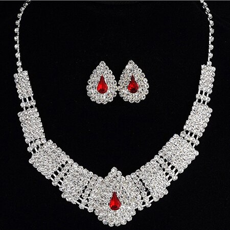 Bruiloft Sieraden Imitatie Parels Bruids Sieraden Sets voor Bruid Kwastje Verzilverd Choker Bib Prom Ketting Oorbellen Set: 4 red